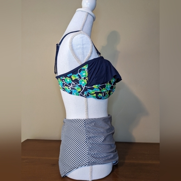 FULL COVERAGE floral ruffle top navy High Waisted BIKINI 2piece swim suit - Picture 4 of 16